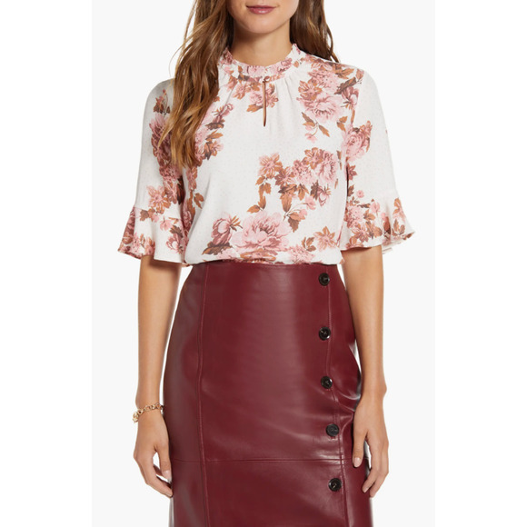 RACHEL PARCELL Keyhole Flounce Sleeve Blouse in Red/Pink Floral Print - Picture 2 of 12